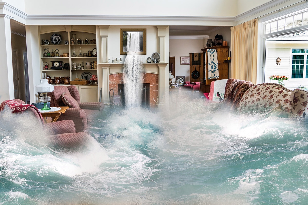 Surreales Bild eines überschwemmten Wohnzimmers