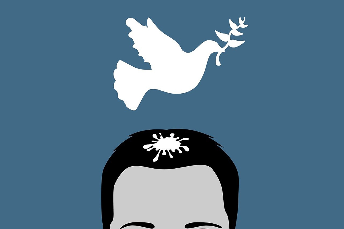 Illustration Friedenstaube kackt auf einen Kopf
