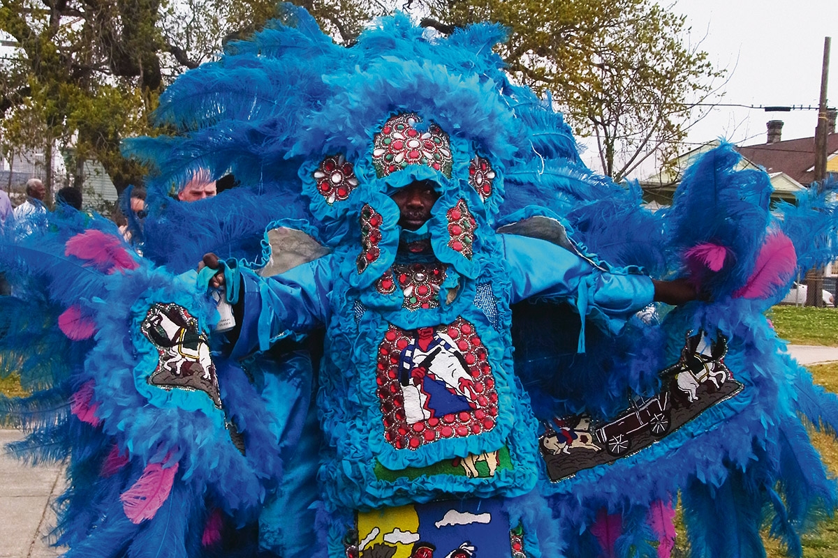 Mardi Gras Indian blaues Kostüm