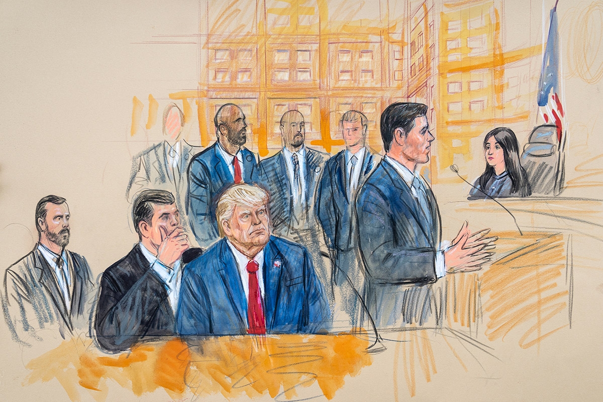 Die Künstlerskizze zeigt Donald Trump vor dem Bundesgericht