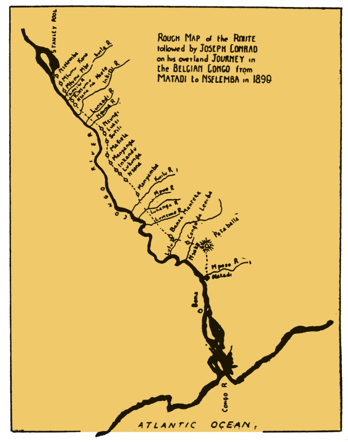 Conrads Reiseroute von Matadi nach Nselemba im damaligen Belgisch-Kongo, 1890. Die Zeichnung stammt aus seinem Aufsatzband »Last Essays«, 1926