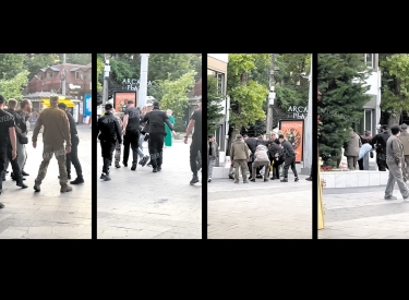Mutmaßliche Zwangsrekrutierung im ­Vergnügungsbezirk Arkadia am Hafen von ­Odessa. Das Video wurde Mitte Juni auf ­Telegram und von ukrainischen Nachrichten­seiten verbreitet