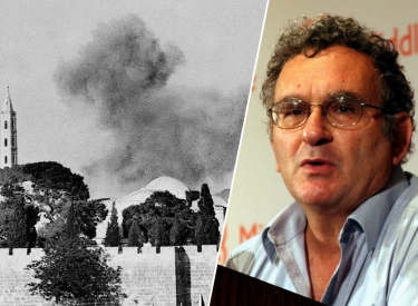 Während heftiger arabisch-jüdischer Kämpfe um die Kontrolle über Jerusalem am 3. Juni 1948 schickt eine explodierende arabische Granate eine Rauchwolke über die alte Stadtmauer (l.); Historiker Benny Morris, 2007
