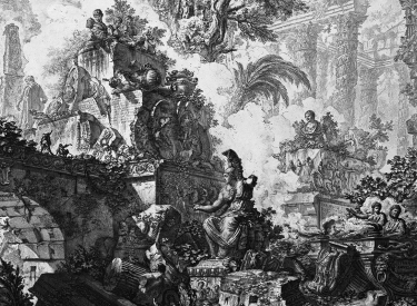Stadt in Trümmern. Frontispiz von Piranesis »Vedute di Roma«, einer Serie von Radierungen, 1748
