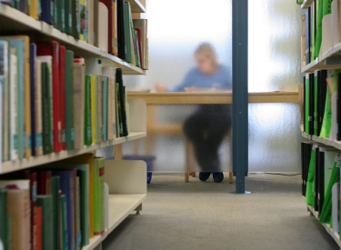 Person sitzt am Ende einer Reihe Bücherregale verschwommen hinter einer Glaswand