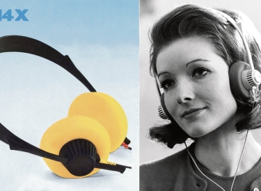 Links: Kopfhörer Sennheiser HD 414, Rechts: Frau trägt den Kopfhörer HD 414 von Sennheiser