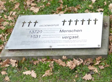 Informationstafel zur sogenannten Gedenkspur mit bunten Kreuzen für die in Pirna-Sonnenstein ermordeten Menschen