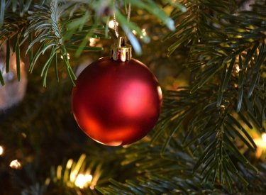 Rote Kugel an Weihnachtsbaum