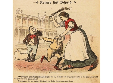 Auch der jüdische Ausbeuter soll nicht geschont werden. Karikatur in der sozialdemokratischen Satirezeitschrift  »Der wahre Jacob«, 1891